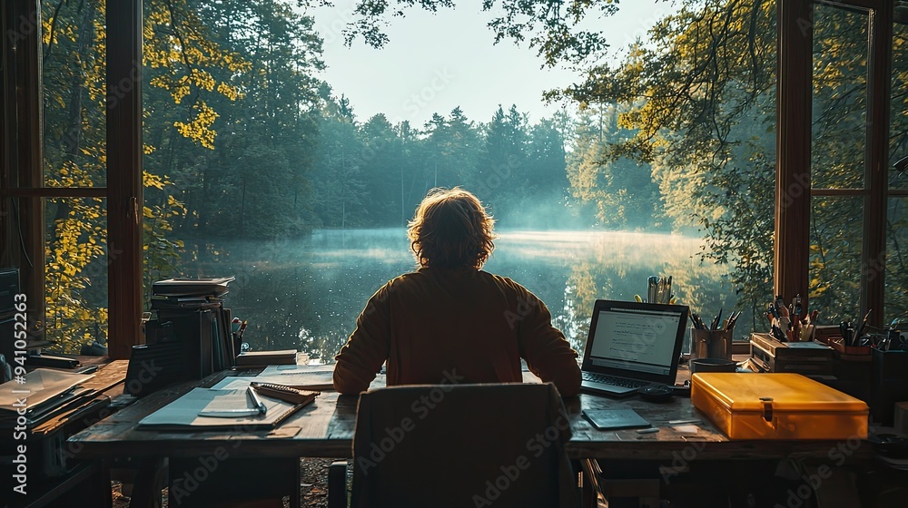 A writer engrossed in their work at a desk overlooking a tranquil lake, finding inspiration in the natural surroundings.